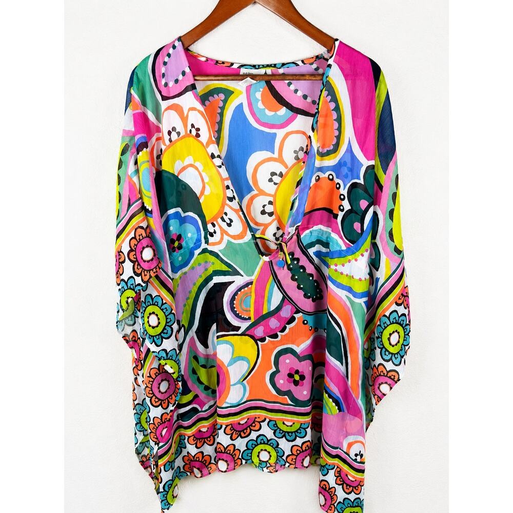 Bleu Rod Beattie Sheer Kimono Caftan Swim Cover Up Multicolor Floral Medium - Picture 4 of 4